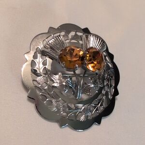 Silvertone Mizpah Scottish Thistle Brooch with Citrine Accents.